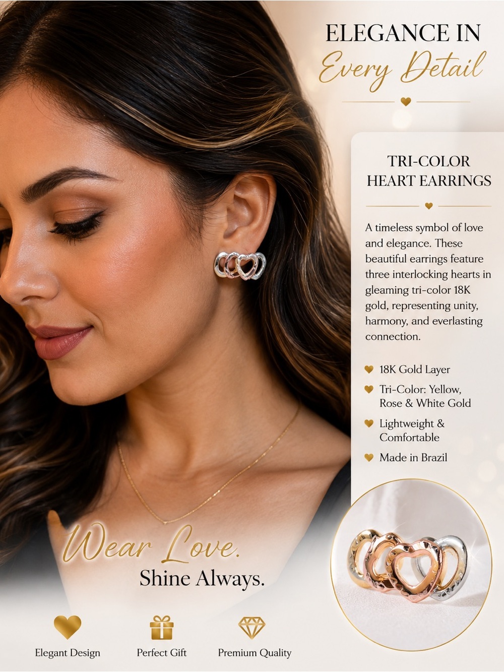 Tri-Color Interlocking Heart Earrings - Rose, Yellow & White Gold